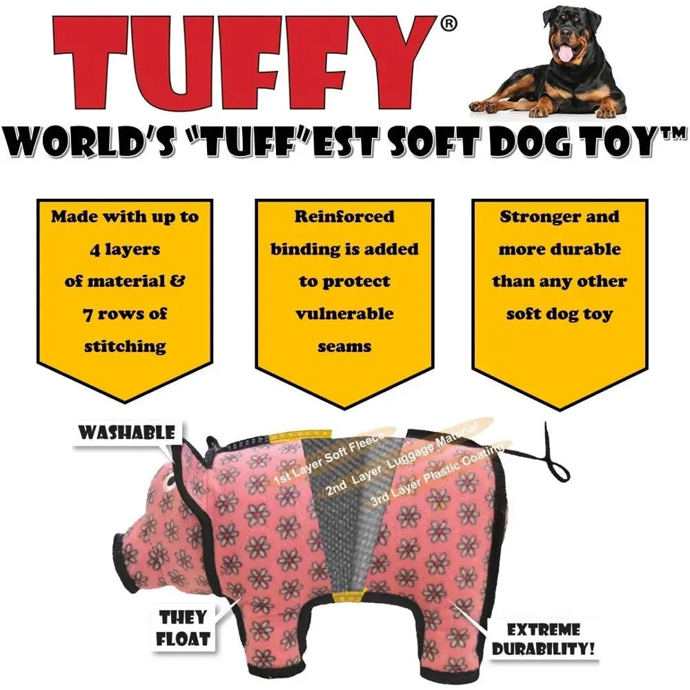 Tuffy's durable soft dog toy features reinforced seams and is washable for long-lasting playtime fun.