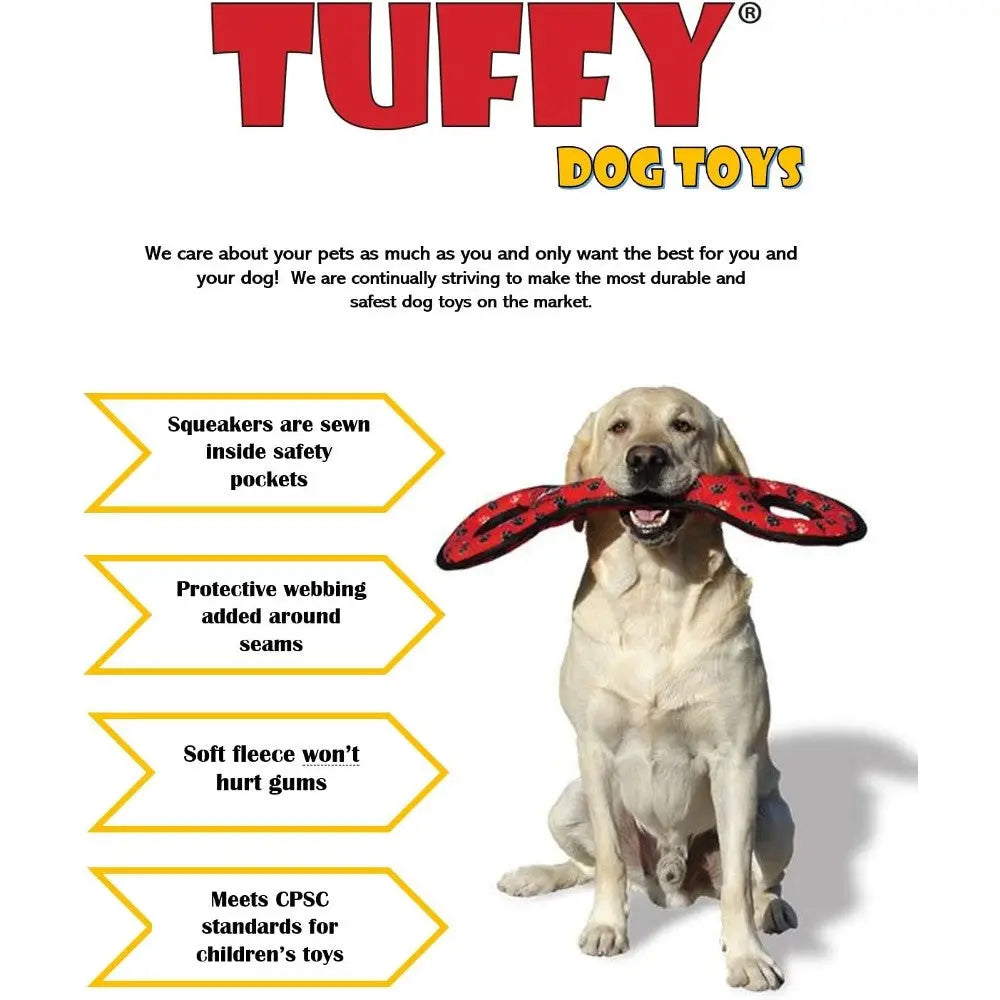 Tuffy dog toys feature safety seams, protective webbing, and soft fleece for safe, durable playtime.