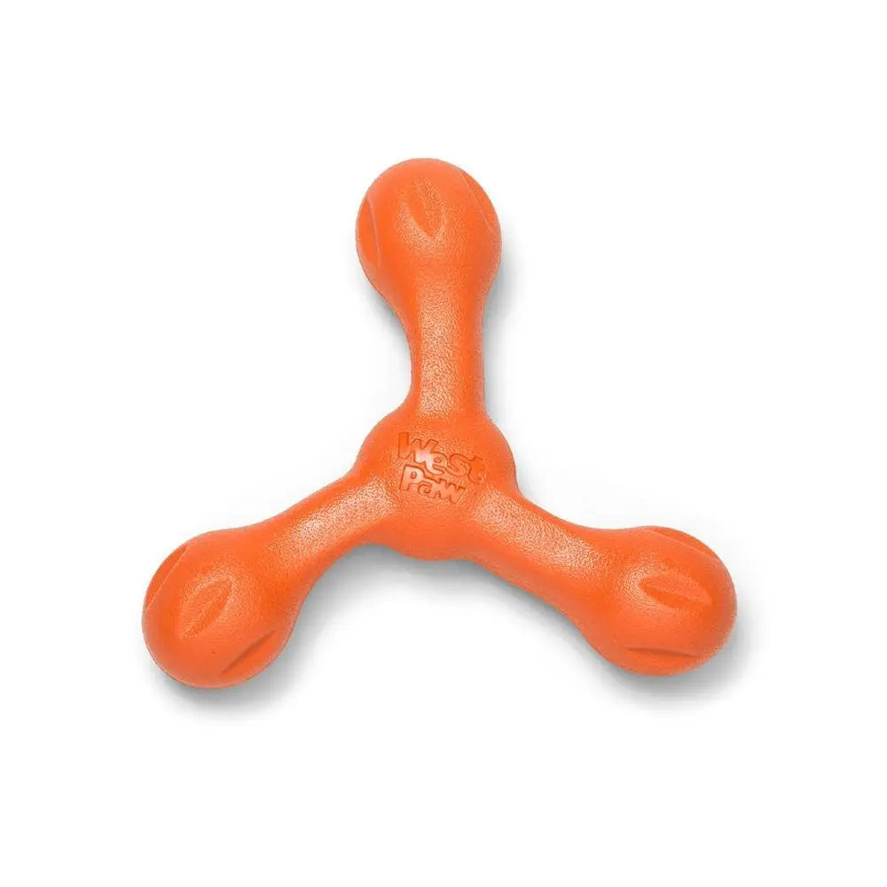 Durable orange dog toy designed for fetch and interactive play.