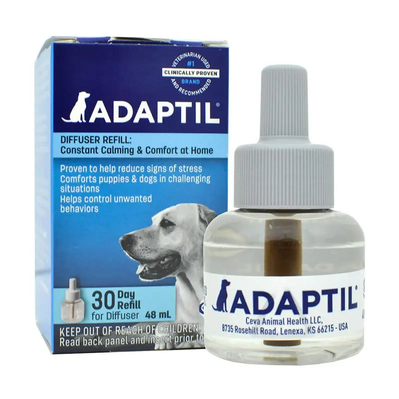 Adaptil diffuser refill for calming dogs, promoting comfort and reducing stress at home.