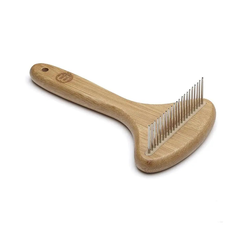 Bamboo pet grooming comb with fine metal teeth for effective de-shedding and detangling.