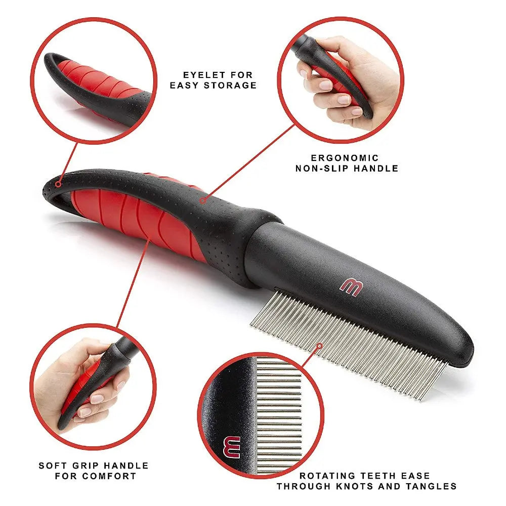 Ergonomic pet grooming comb with non-slip handle for easy detangling and comfort.