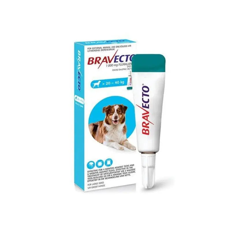 Bravecto topical solution for dogs, effective against fleas and ticks, suitable for 20-40 kg pets.