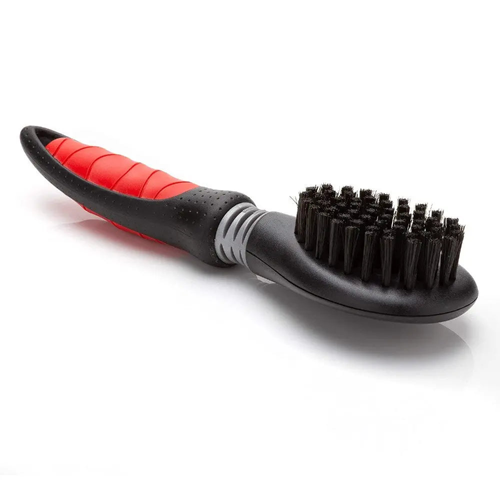 Pet grooming brush with ergonomic handle for effective fur removal and detangling.