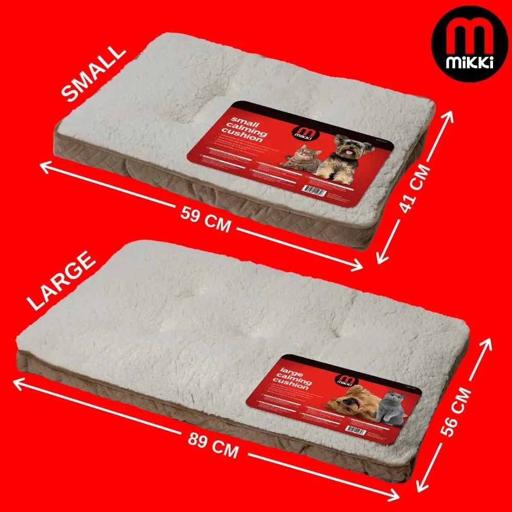 Mikki dog cushion in small and large sizes, featuring soft material and clear size dimensions.