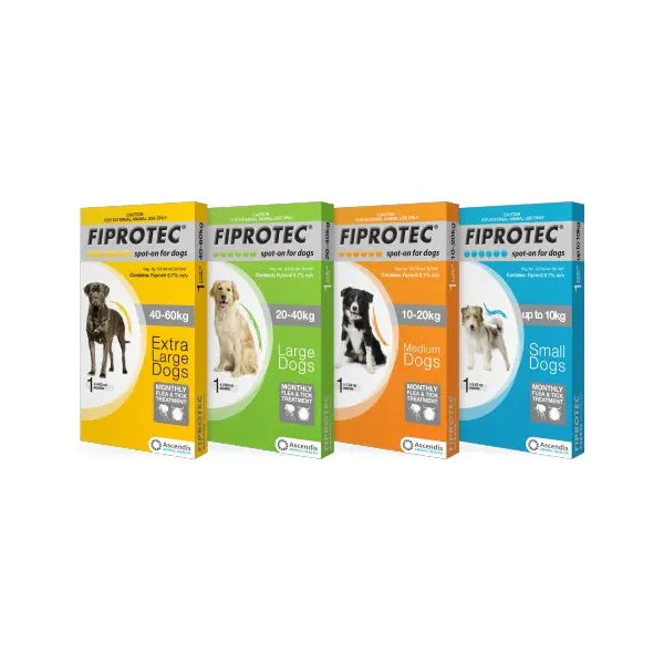 FIPROTEC dog spot-on treatments for various sizes: extra large, large, medium, and small dogs.