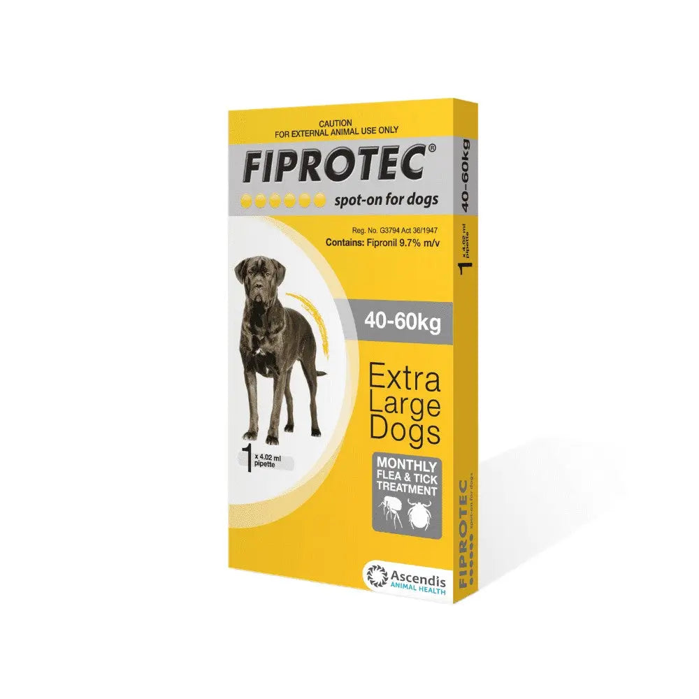 Fiprotec flea and tick treatment for extra large dogs, 40-60kg, monthly application packaging.