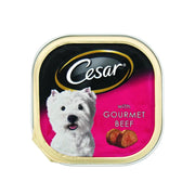 Cesar gourmet beef dog food in a pink packaging with a West Highland White Terrier image.