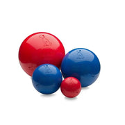 Colorful dog toys in red and blue, perfect for playtime and interactive fun.