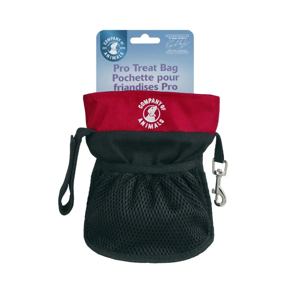 Pro treat bag for pets, featuring a mesh design and convenient clip for easy access to treats.