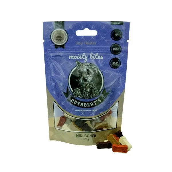 Cuthbert's Mini Bones dog treats in a resealable bag, featuring a premium moist bites formula.