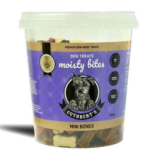 Cuthbert's mini bones dog treats in a clear container, featuring a colorful label and premium ingredients.