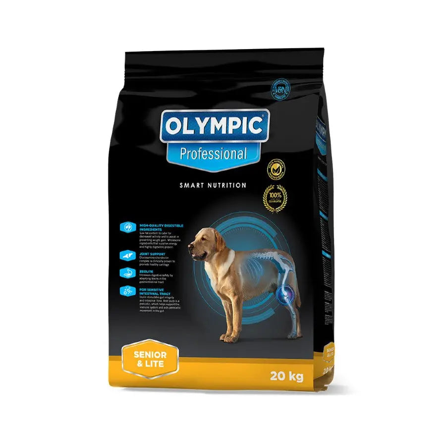 Olympic Professional Senior & Lite dog food bag, 20 kg, designed for optimal nutrition and joint support.