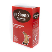 Probono dog biscuits packaging for small dogs, featuring tasty treats and a veterinarian-recommended label.
