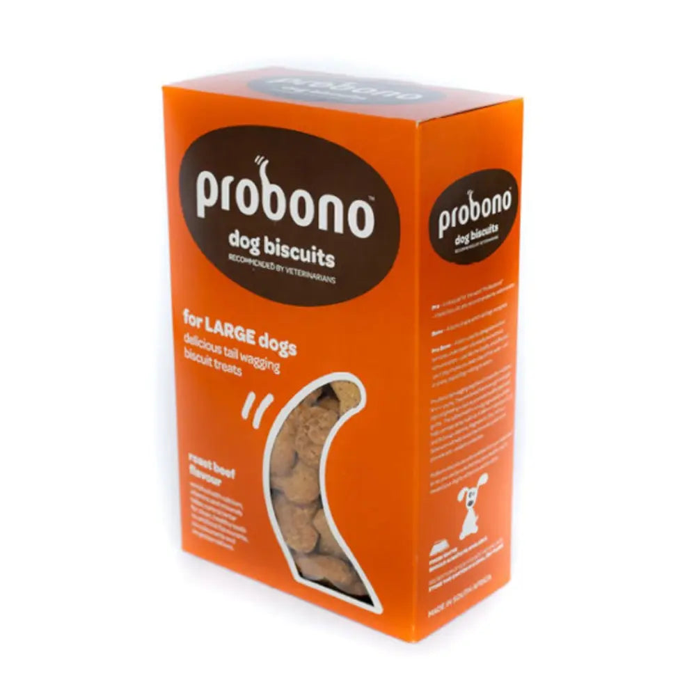 Probono dog biscuits for large dogs, featuring a tasty beef flavor in a vibrant orange package.