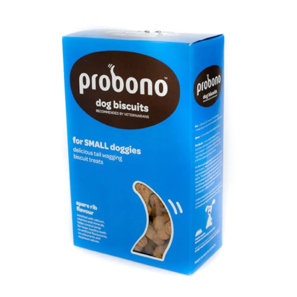 Probono dog biscuits for small dogs, featuring spare rib flavor in a blue packaging box.