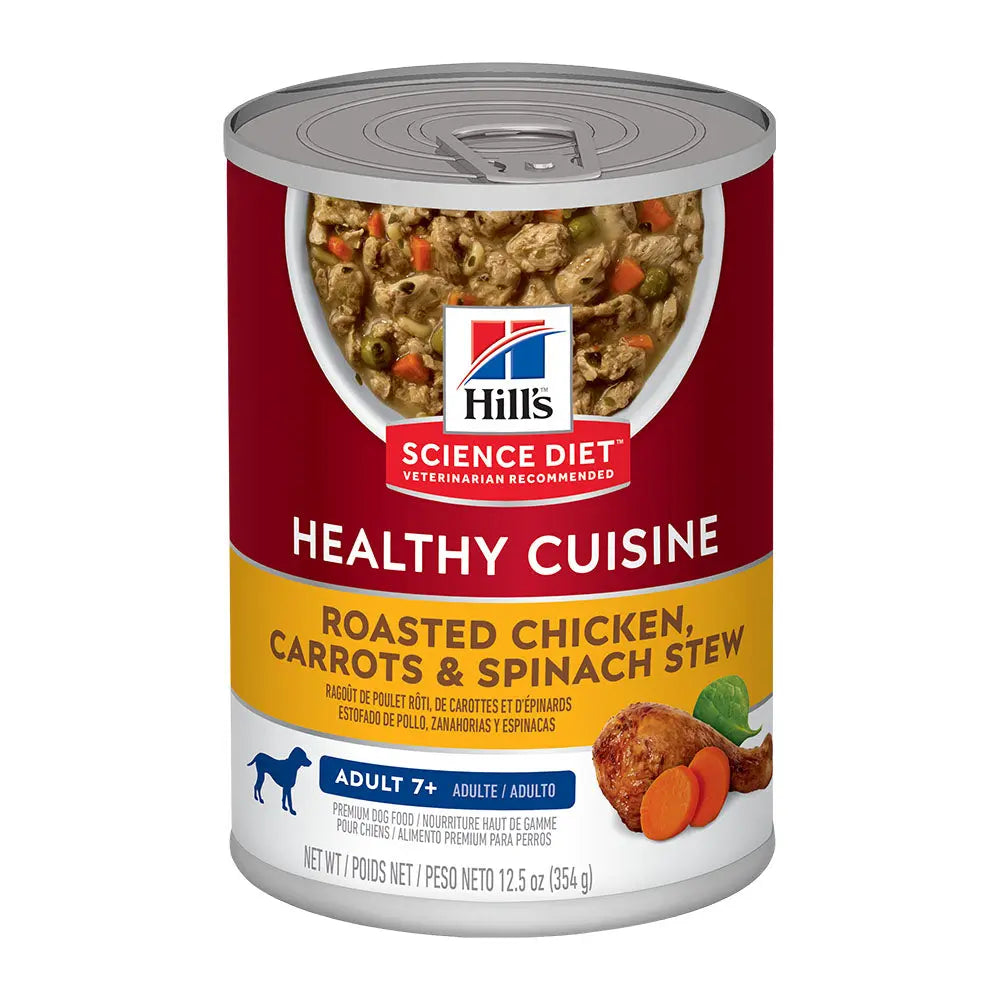Hill's Science Diet Healthy Cuisine canned cat food with roasted chicken, carrots, and spinach stew for adult cats.