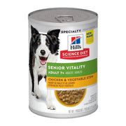 Hill's Science Diet Senior Vitality chicken and vegetable stew for adult dogs, promoting health and vitality.