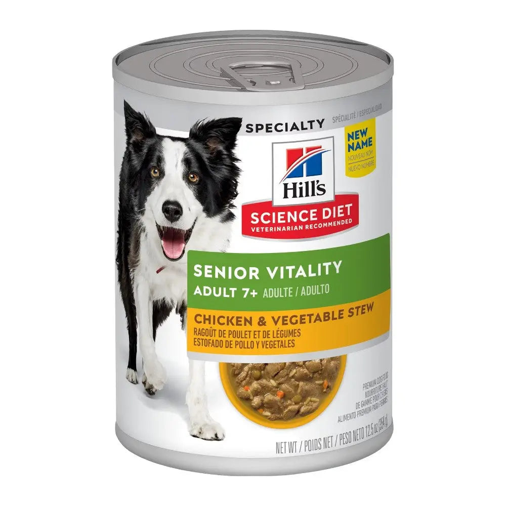Hill's Science Diet Senior Vitality chicken and vegetable stew for adult dogs, promoting health and vitality.
