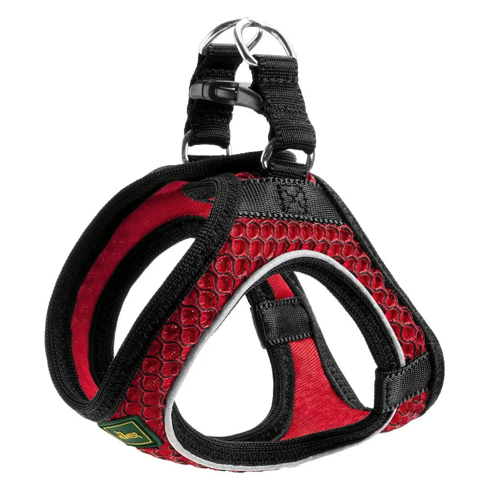 Red dog harness with breathable mesh and adjustable straps for comfort and safety.