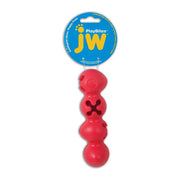 Red JW PlayBites dog toy, designed for interactive play and dental health.