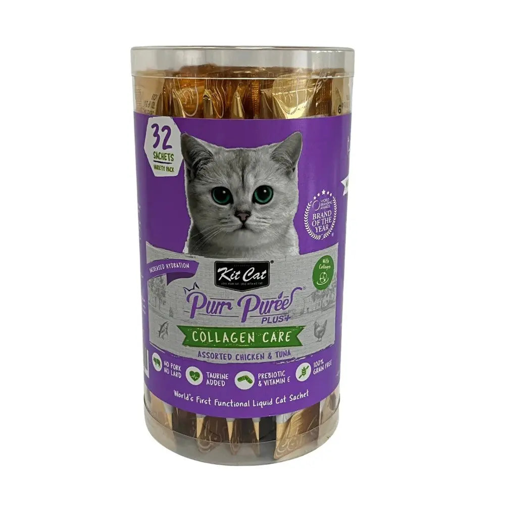 Kit Cat Purr Purée Plus collagen care liquid sachets for cats, featuring chicken and tuna flavors.