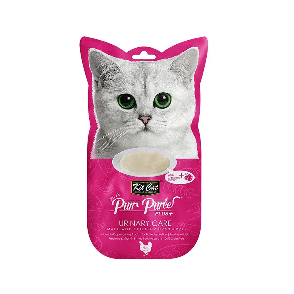 Kit Cat Purr Puree Plus urinary care for cats, featuring chicken and cranberry in a convenient pouch.