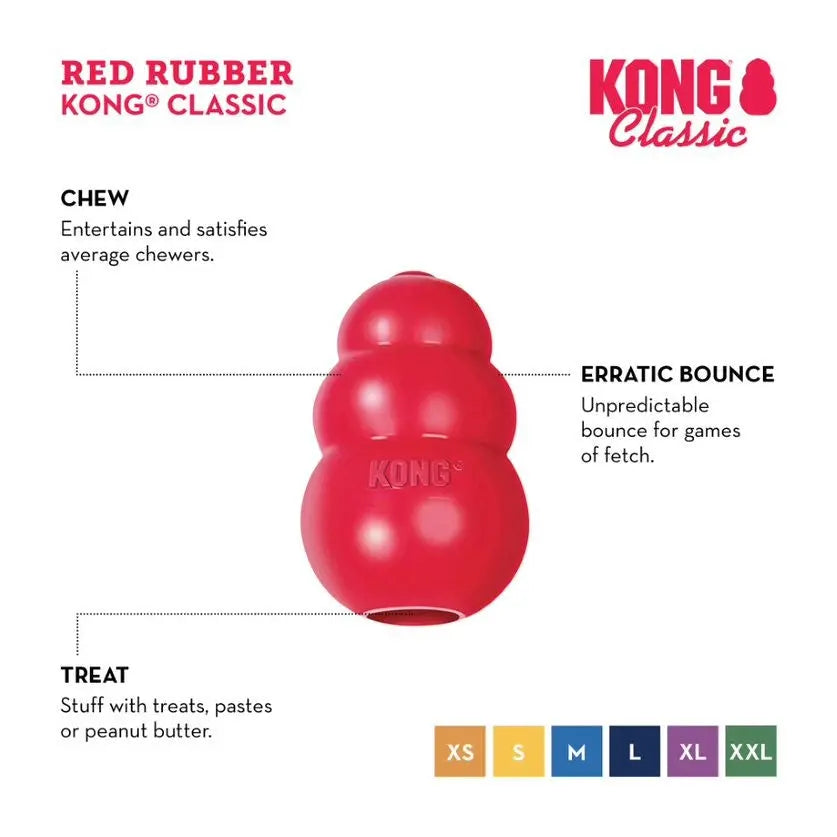 Red rubber KONG Classic toy for dogs, perfect for chewing and unpredictable fetch games.