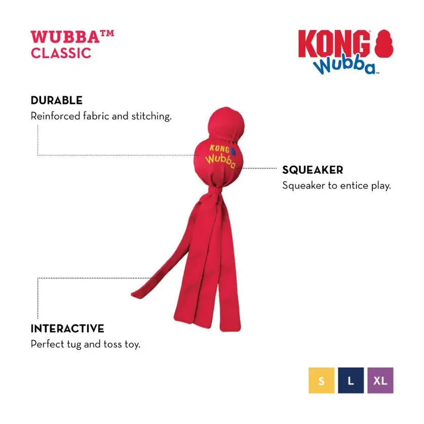 KONG Wubba Classic dog toy with durable fabric, squeaker, and interactive tug design for playful fun.