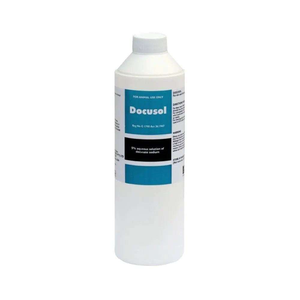 Decusol sodium solution bottle for animal use, featuring clear labeling and dosage instructions.