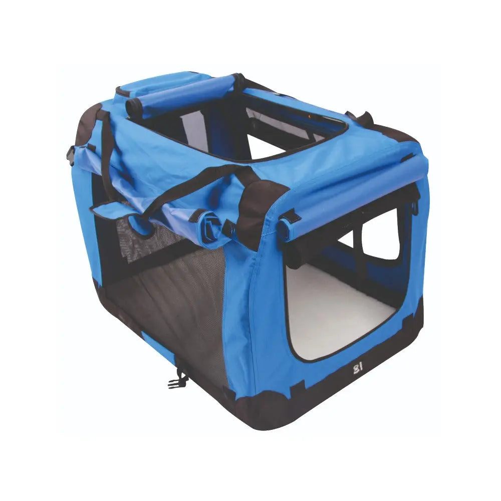 Portable blue pet carrier with mesh windows for ventilation and easy access.
