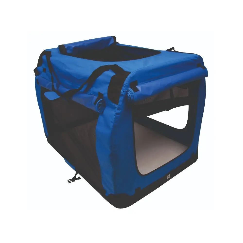 Blue pet travel crate with mesh windows and a removable padded floor for comfort and ventilation.
