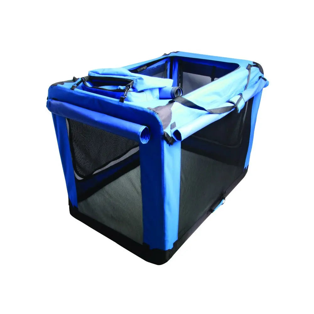 Portable blue pet playpen with mesh sides for ventilation and easy access.