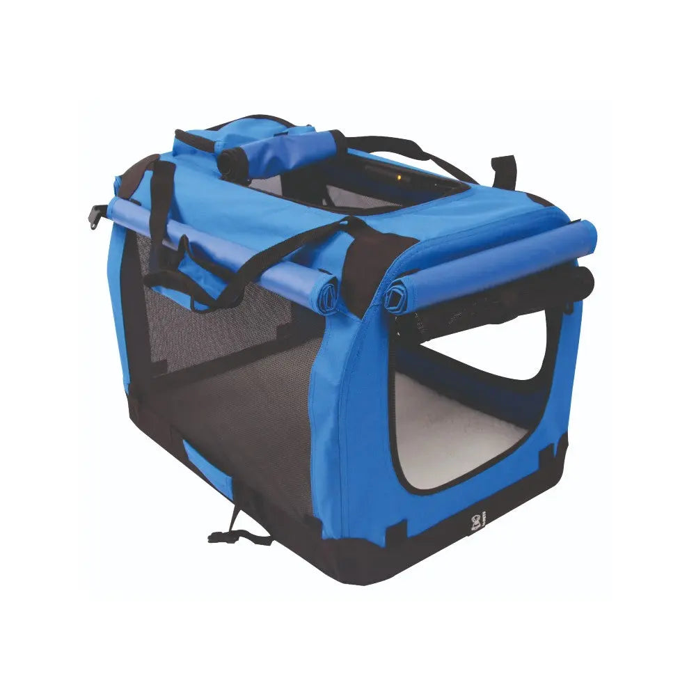 Blue pet carrier with mesh panels and sturdy handles for easy transport and comfort.