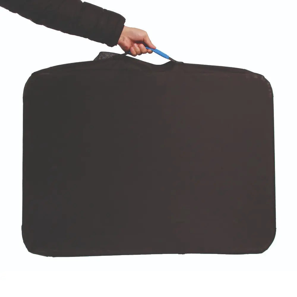 Black carrying case with a blue handle, ideal for transporting items securely and conveniently.