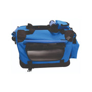 Durable blue pet carrier bag with multiple pockets and a secure mesh window for ventilation.