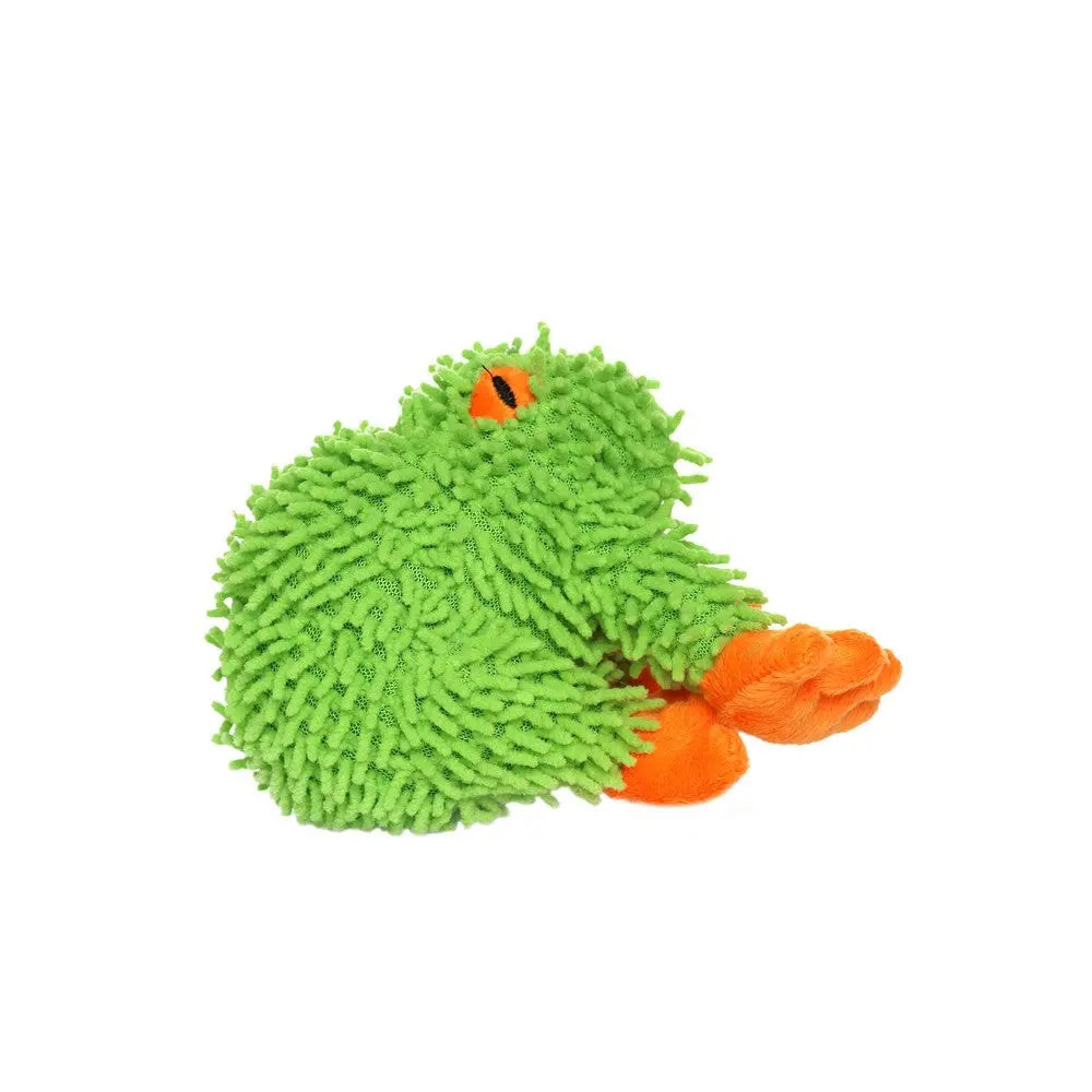 Green fuzzy pet toy with orange accents, perfect for interactive play and comfort.