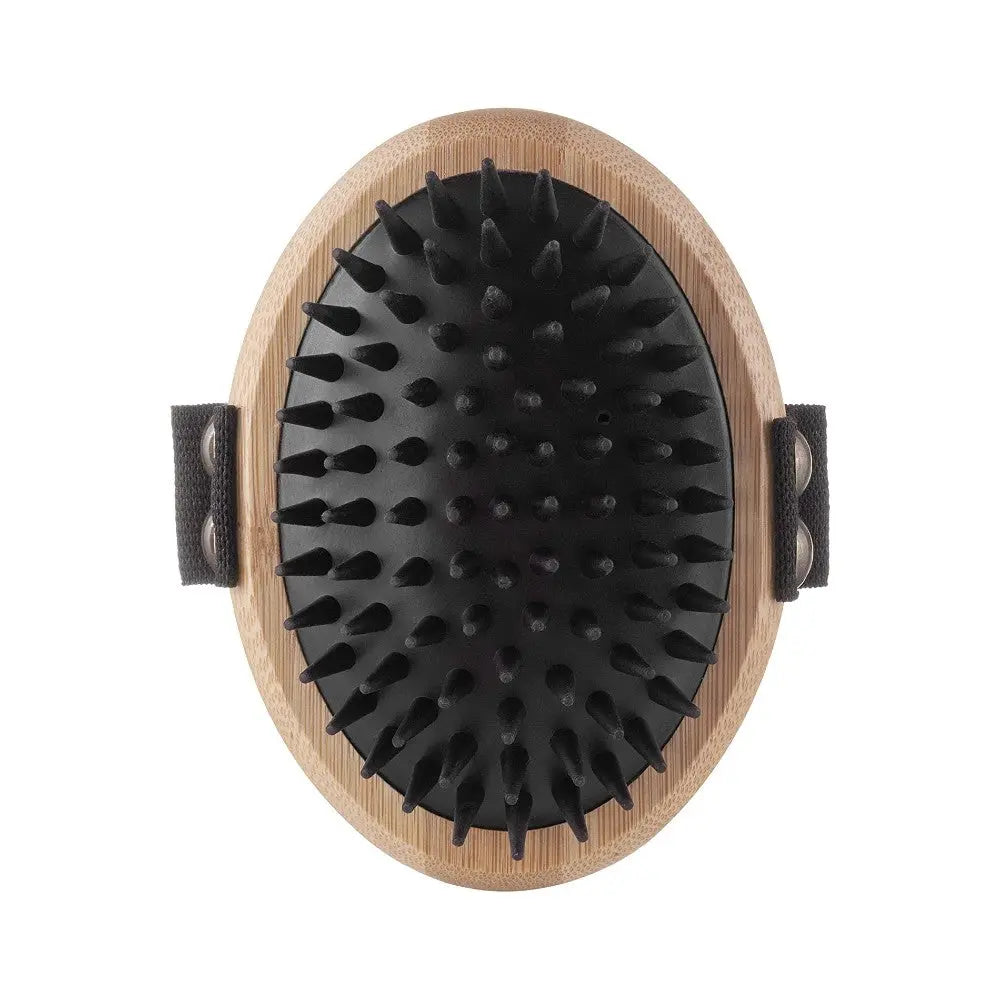 Bamboo hairbrush with rubber bristles for effective detangling and scalp stimulation.