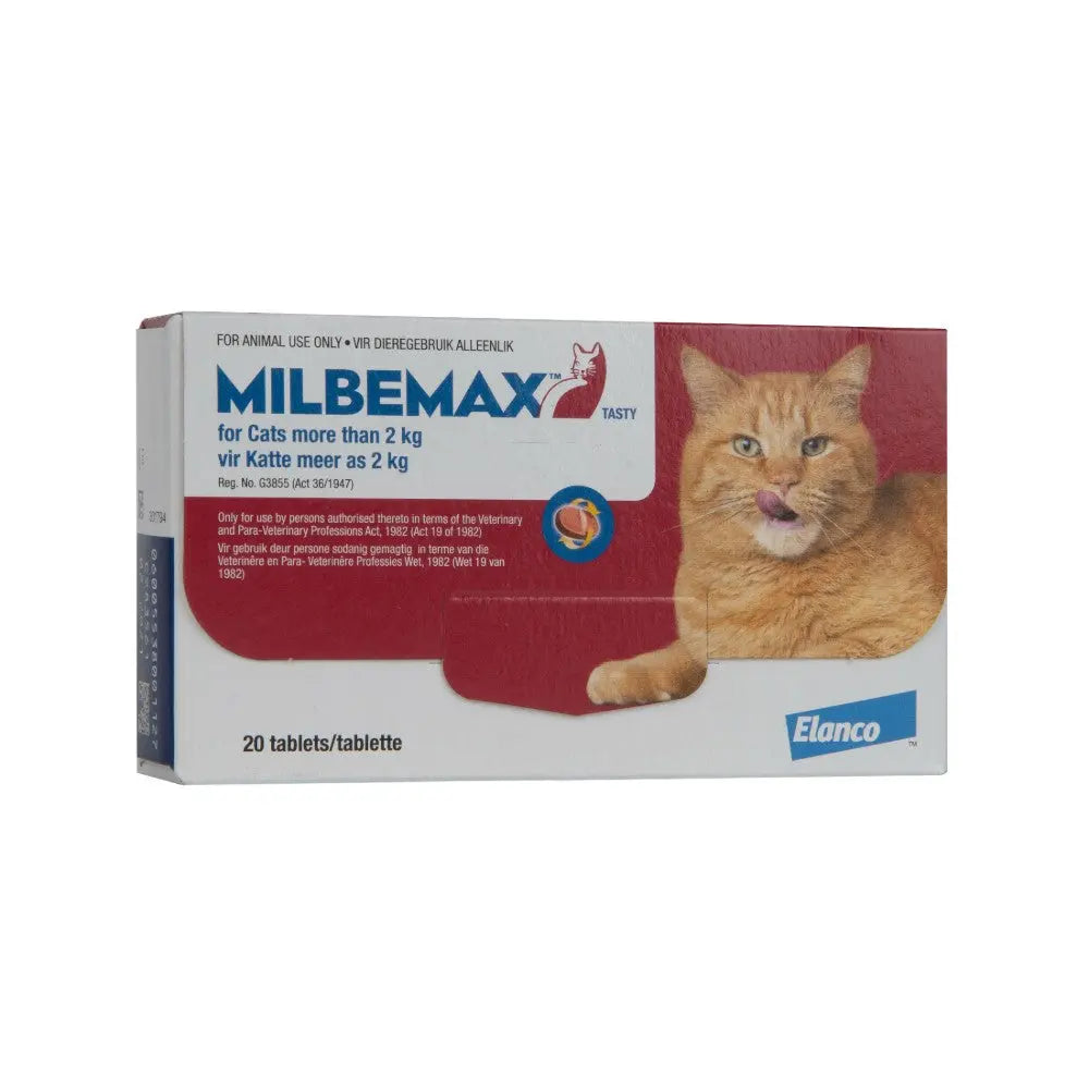 Milbemax cat tablets packaging for deworming cats over 2 kg, featuring a playful cat image.