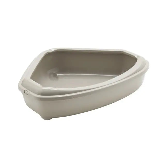 Triangular cat litter box in a neutral color for easy cleaning and space-saving design.