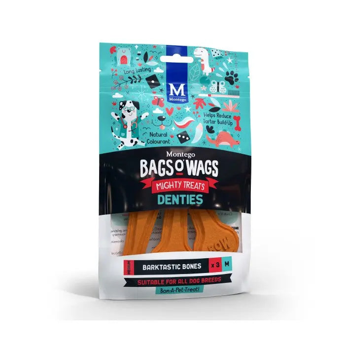 Mighty dog treats in a colorful bag, designed to reduce tartar buildup and suitable for all breeds.