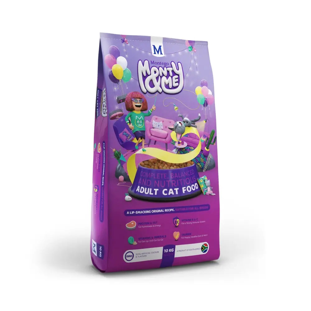 Monty Cat Food bag featuring colorful design, promoting balanced nutrition for adult cats.