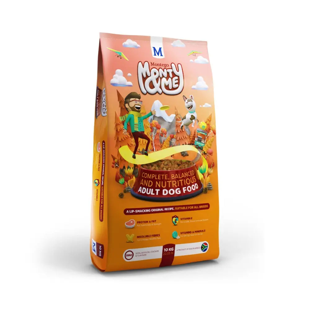 Monty & Me adult dog food bag featuring a colorful design and nutritional information for pet owners.
