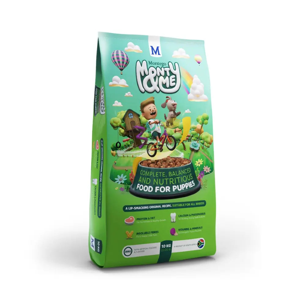 Monty & Me puppy food bag, featuring balanced nutrition and playful design for healthy growth.