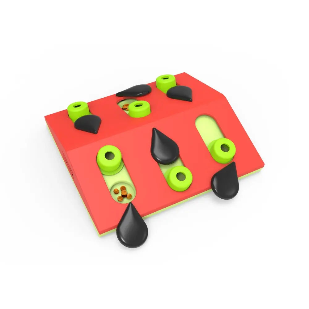 Interactive dog puzzle toy with colorful pegs and sliding compartments for mental stimulation.
