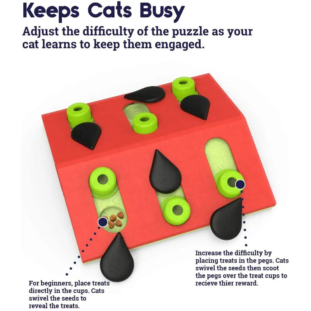 Interactive cat puzzle toy for engaging play and treat rewards.