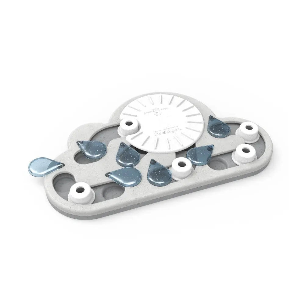 Interactive cloud-shaped pet feeder with removable water droplets for engaging feeding experience.