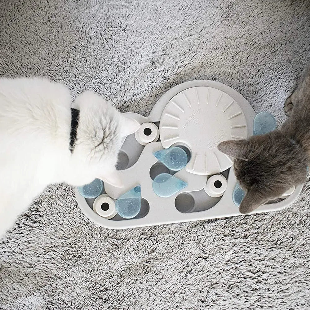 Two cats engaging with a puzzle feeder on a soft rug, promoting interactive play and mental stimulation.