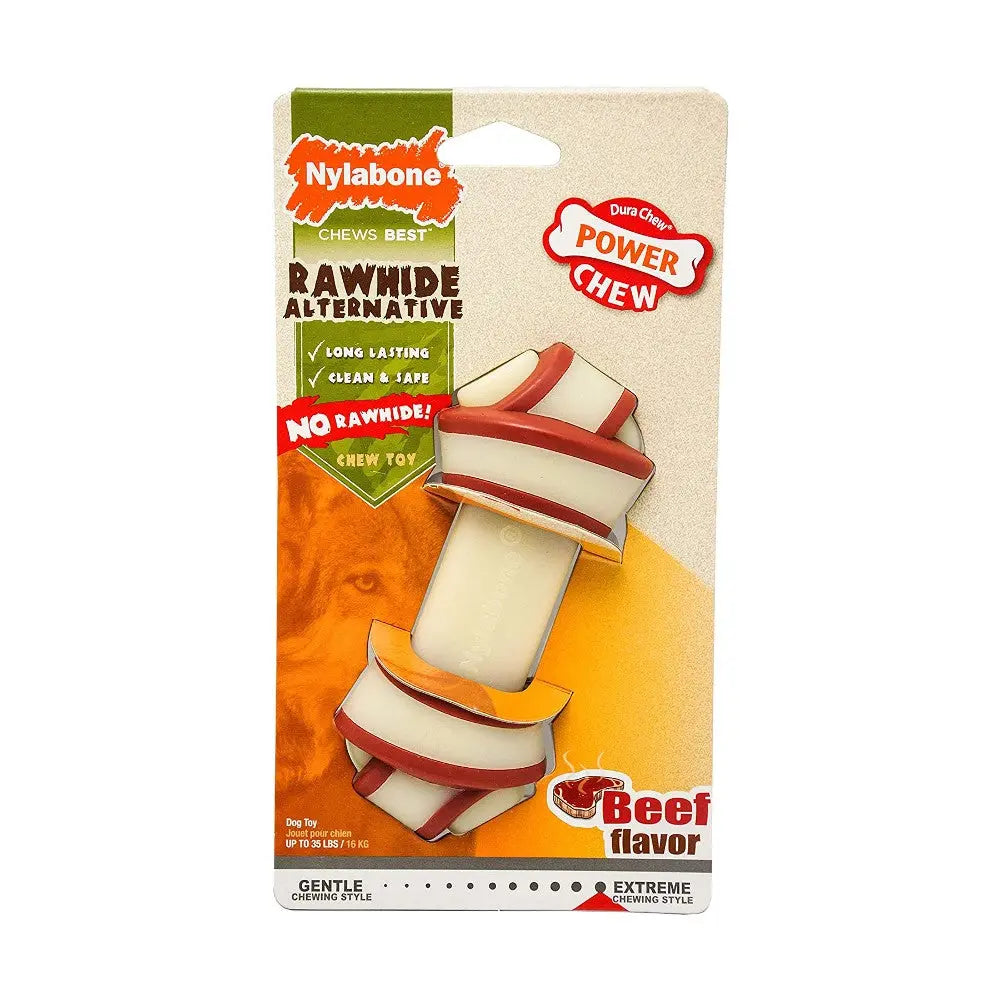 Nylabone Power Chew toy in beef flavor, a long-lasting rawhide alternative for dogs.