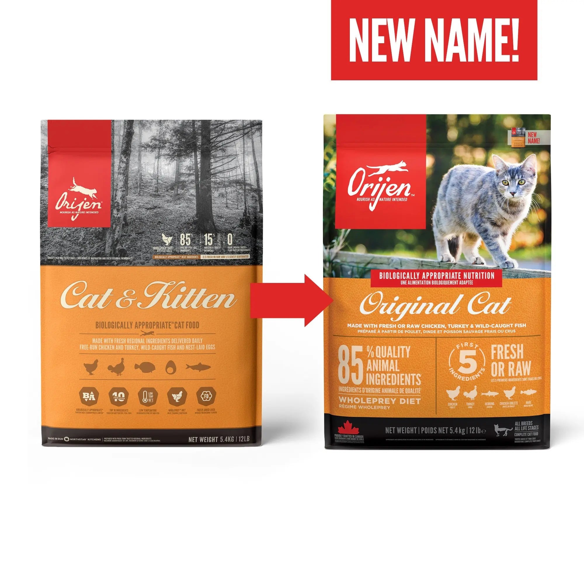 Orijen cat food packaging showcasing new name and high-quality ingredients for optimal feline nutrition.